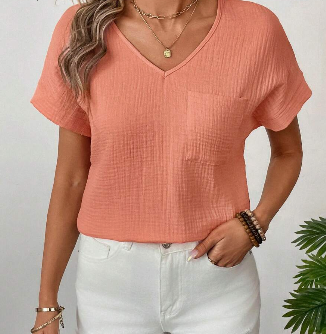 Crinkle Texture V-Neck Women Short Sleeve Blouse